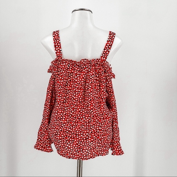 J Crew Red Off Shoulder Bell Sleeve Heart Print Silk Blouse - Picture 7 of 8